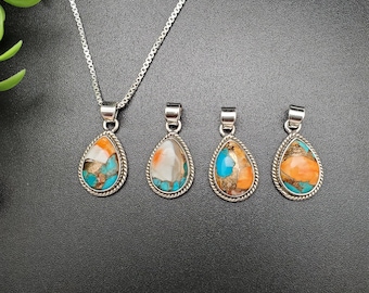 STN #211 | Teardrop Copper Spiny Oyster Turquoise Necklace Pendant With Options of Silver Chain | Big Silver Spiny Oyster Turquoise Pendant