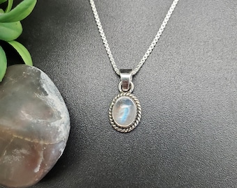 STN #233 | Dainty Oval Rainbow Moonstone Necklace Pendant With Option of Silver Chain | Sterling Silver Moonstone Southwest Pendant Necklace