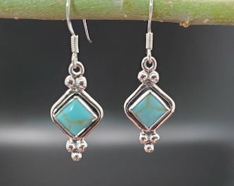 SoCute925 Kingman Turquoise Earrings | Square | Turquoise Dangle | Turquoise Drops | Sterling Silver | Boho Earrings | Gift For Her