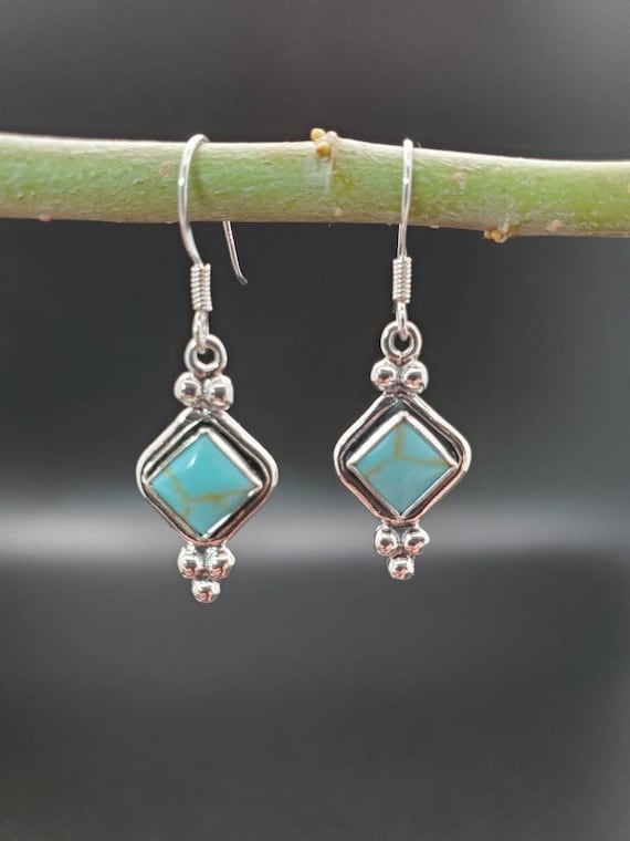 SoCute925 Kingman Turquoise Earrings | Square | Turquoise Dangle | Turquoise Drops | Sterling Silver | Boho Earrings | Gift For Her