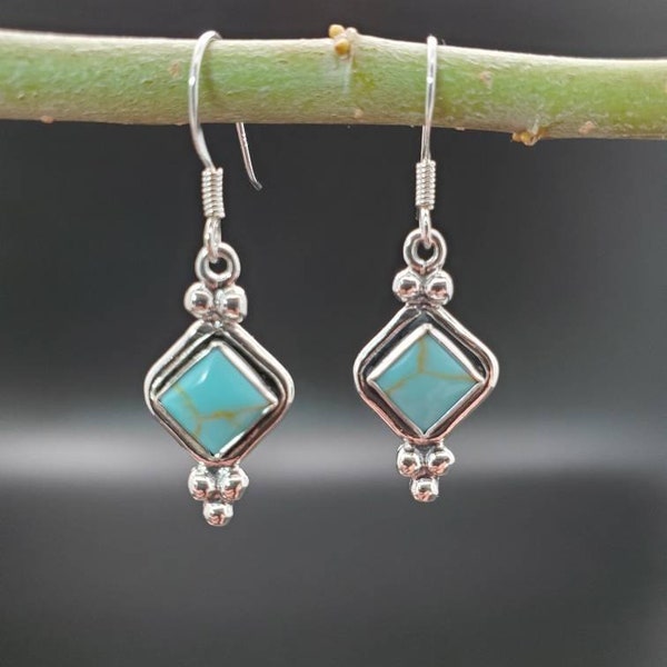 SoCute925 Kingman Turquoise Earrings | Square | Turquoise Dangle | Turquoise Drops | Sterling Silver | Boho Earrings | Gift For Her