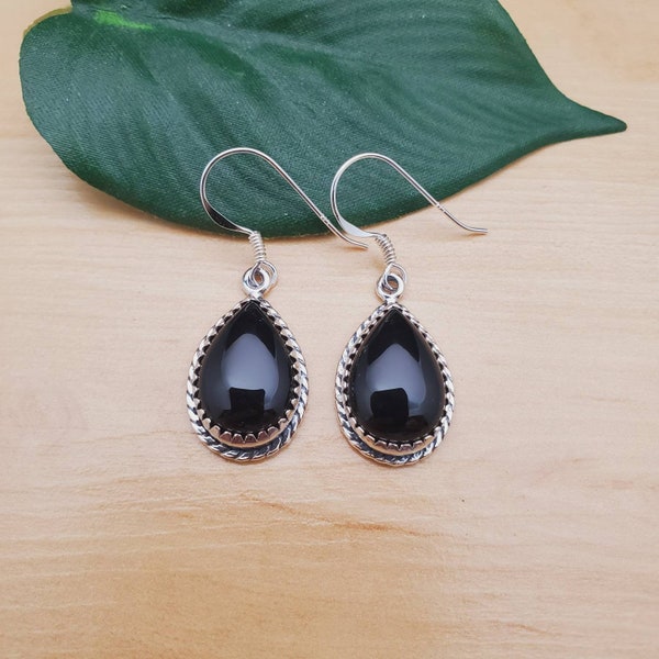 SoCute925 Big Teardrop Black Onyx Dangle Earrings | Sterling Silver Black Dangle Earrings | Black Teardrop Earrings | Dainty Black Earrings