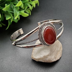 STN #C131 | Lovely Red Carnelian Cuff Bracelet | Sterling Silver Carnelian Crystal Bracelet Cuff | Silver Carnelian Crystal Cuff Bracelet