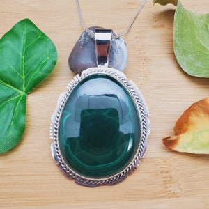 STN #340 | Big Green Malachite Necklace Pendant Options With Silver Chain Necklace | Sterling Silver Malachite Southwest Pendant Made in USA