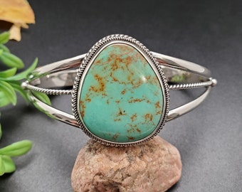 STN #C33 | Morenci Turquoise Cuff Bracelet | Sterling Silver Turquoise Bracelet | Big Oval Turquoise With White Matrix Southwest Bracelet