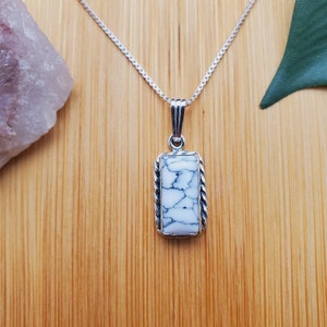 SoCute925 Small Rectangle White Buffalo Turquoise Necklace Pendant With Silver Box Chain 18&quot; | Sterling Silver White Turquoise Necklace