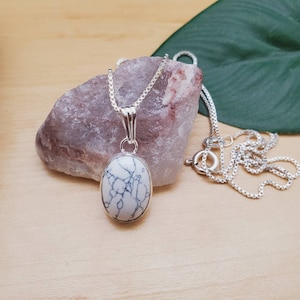 SoCute925 14x10mm White Buffalo Turquoise Necklace Pendant with Silver Box Chain 18&quot; | Simple Turquoise Necklace | White Turquoise Necklace