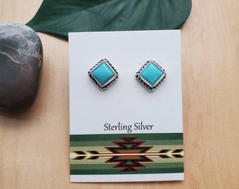Small 6x6 mm Turquoise Post Earrings | Sterling Silver Turquoise Earring Studs | Southwestern Jewelry | Square Turquoise Southwest Earrings