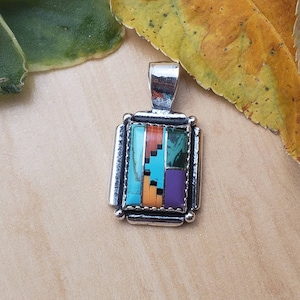 SoCute925 Colorful Inlay Pendant | Sterling Silver Necklace Pendant | Southwest Inlay Rectangle Pendant | Southwestern Jewelry | Made in USA
