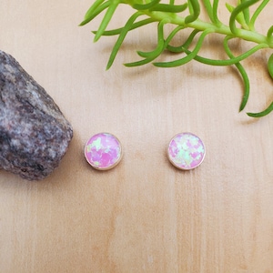 SoCute925 8mm Pink Opal Stud Earrings | Fire Pink Opal Post Earrings | Sterling Silver Earrings | Pink Opal Studs | Pink Studs Made in USA