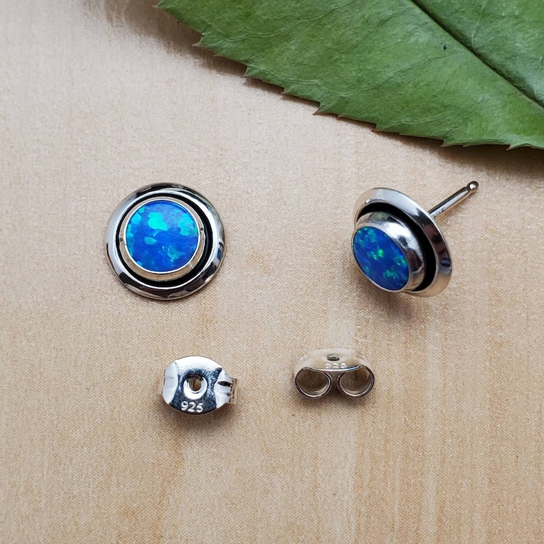 Sterling Silver Posts Blue Opal Stud Earrings SoCute925 Small Dark Blue Opal Studs Blue Opal Post Earrings Small Concho Earrings