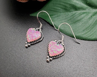 SoCute925 Schönes Herz Pink Opal Ohrringe | Feuer Rosa Opal Schmuck | Sterling Silber Pink Opal Herz Ohrringe | Rosa Opal Ohrringe