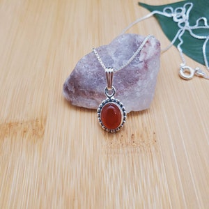 Simple Carnelian Necklace Pendant With Silver Box Chain Necklace 18" | Dainty Red Stone Sterling Silver Necklace | Red Carnelian Necklace