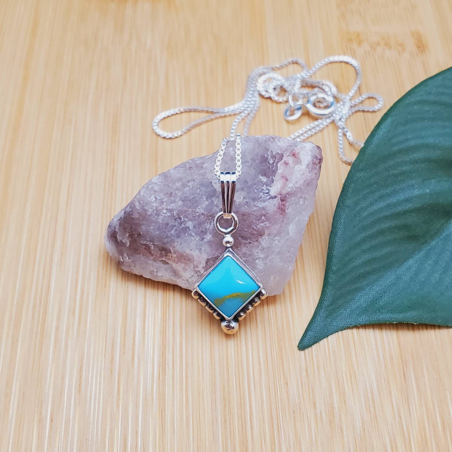 【AG X JOSILVER】Triangle Ruler Necklace - Turquoise Square Shape Kingman Turquoise Necklace Pendant With Silver