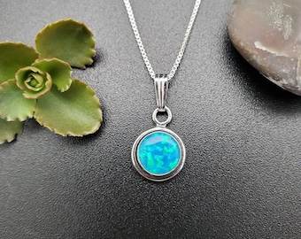 Dainty 8mm Round Blue Green Opal Necklace Pendant With Silver Box Chain Necklace | Sterling Silver Blue Opal Necklace | Southwestern Jewelry