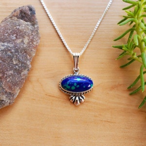 SoCute925 Southwestern Azurite Malachite Pendant Necklace With Silver Box Chain Necklace 18&quot; | Sterling Silver Azurite Necklace Made in USA
