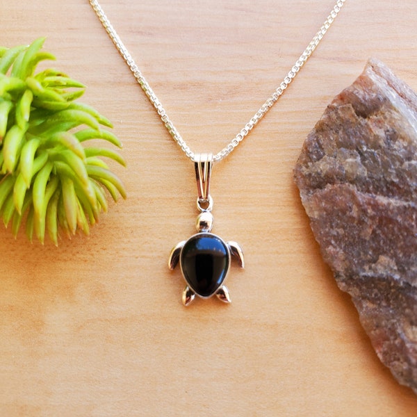 SoCute925 Dainty Black Sea Turtle Necklace Pendant With Silver Box Chain Necklace 18" | Sterling Silver Black Onyx Jewelry |Turtle Necklace