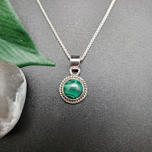 STN #249 | Dainty 8mm Green Malachite Necklace Pendant With Options of Silver Chain | Sterling Silver Green Malachite Southwest Pendant