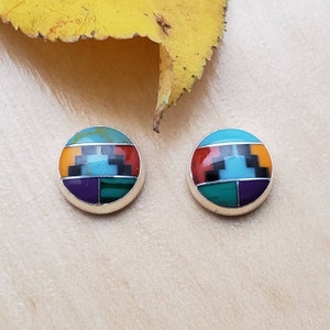 SoCute925 Multicolor Stud Earrings | Simple Post Earrings | Sterling Silver Inlay Studs | Colorful Southwest Earrings | Small Inlay Jewelry