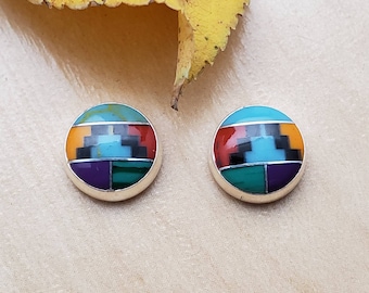 SoCute925 Multicolor Stud Earrings | Simple Post Earrings | Sterling Silver Inlay Studs | Colorful Southwest Earrings | Small Inlay Jewelry