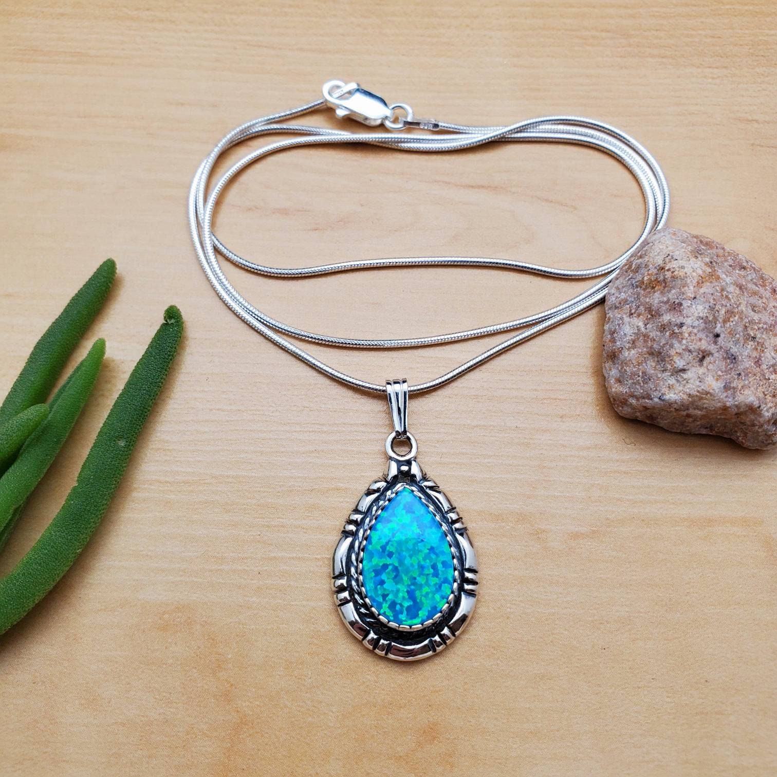 Socute925 Blue Green Opal Teardrop Necklace Pendant With