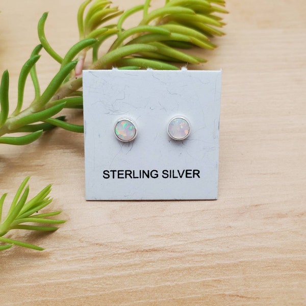 SoCute925 4mm Tiny Sterling Silver Stud Earrings | Fire White Opal Studs | Tiny Opal Studs | 925 Desert Opal Studs | Minimalist Opal Studs