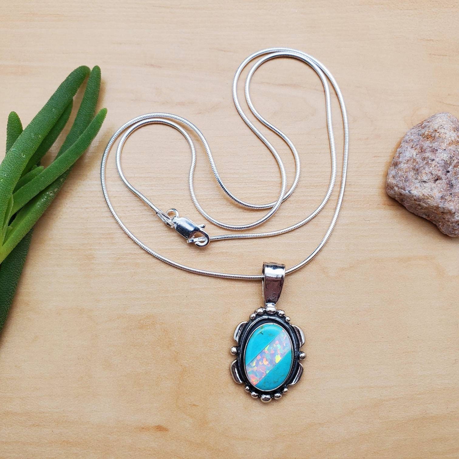 SoCute925 ビッグオパールターコイズインレイネックレスペンダント