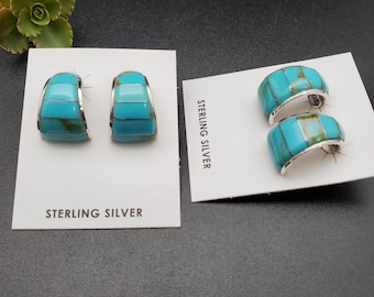 Kingman Turquoise Earrings | Sterling Silver Turquoise Hoop Earrings | Turquoise Posts | Sterling Silver Boho Earrings | Hoop Earring Posts
