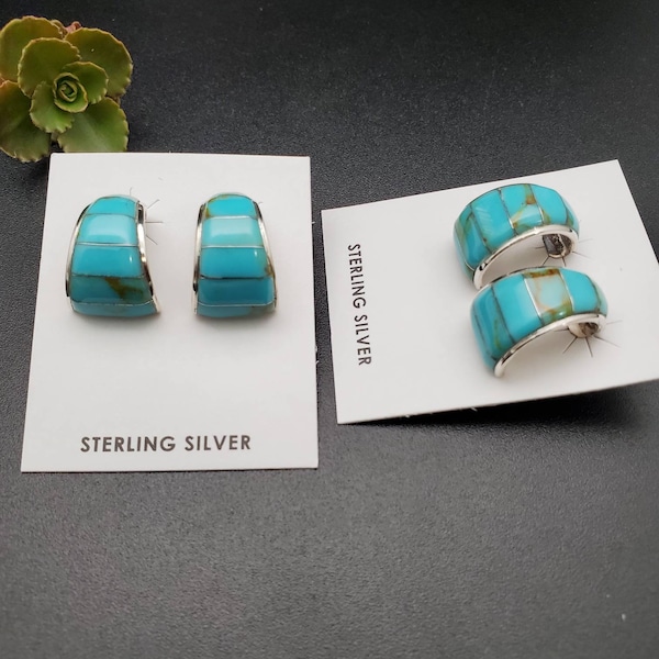 Kingman Turquoise Earrings | Sterling Silver Turquoise Hoop Earrings | Turquoise Posts | Sterling Silver Boho Earrings | Hoop Earring Posts