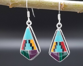 SoCute925 Southwest Inlay Multicolor Earrings | Colorful Inlay Southwest Earrings | Sterling Silver Multicolor Dangle Earrings | Made in USA