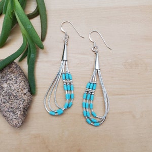 SoCute925 Dainty Liquid Silver Earrings | Liquid Silver Kingman Turquoise Heishi Dangle Earrings | Silver Turquoise Earrings Made in USA
