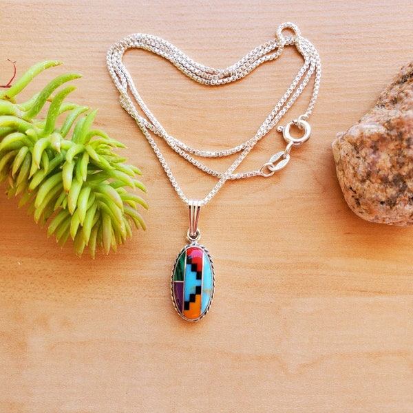 SoCute925 Small Inlay Southwestern Jewelry | Multicolor Necklace Pendant With Silver Box Chain Necklace 18" | Sterling Silver Made in USA