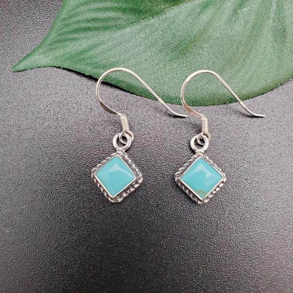 SoCute925 6x6mm Small Square Kingman Turquoise Dangle Earrings | Sterling Silver Turquoise Earrings | Simple Turquoise Square Boho Earrings