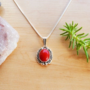 SoCute925 Red Coral Pendant With Silver Box Chain Necklace 18&quot; | Sterling Silver Red Coral Necklace | Dainty Red Coral Southwest Necklace