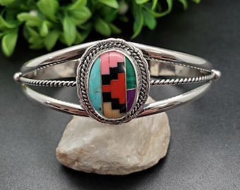 STN #C216 | Multicolor Inlay Cuff Bracelet | Sterling Silver Inlay Bracelet Cuff | Big Bright Multicolor Southwest Bracelet | Gift For Her