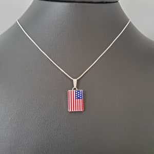 SoCute925 Flag Pendant | US Flag Sterling Silver Pendant with 925 Box Chain 18&quot; Long | Red White Blue | Patriots | 4th of July | Made in USA