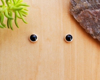 SoCute925 4mm Tiny Black Onyx Post Earrings | Black Earring Studs | Sterling Silver Black Onyx Jewelry | Dainty Earring Posts | Made in USA