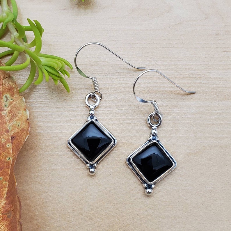 SoCute925 Square Black Dangle Earrings Sterling Silver Dangle Earrings Black Onyx Jewelry Dainty Black Earrings Silver Black Earrings