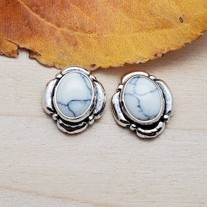 SoCute925 White Buffalo Turquoise Post Earrings | White Turquoise Stud Earrings | Sterling Silver Posts | White Stone With Black Matrix