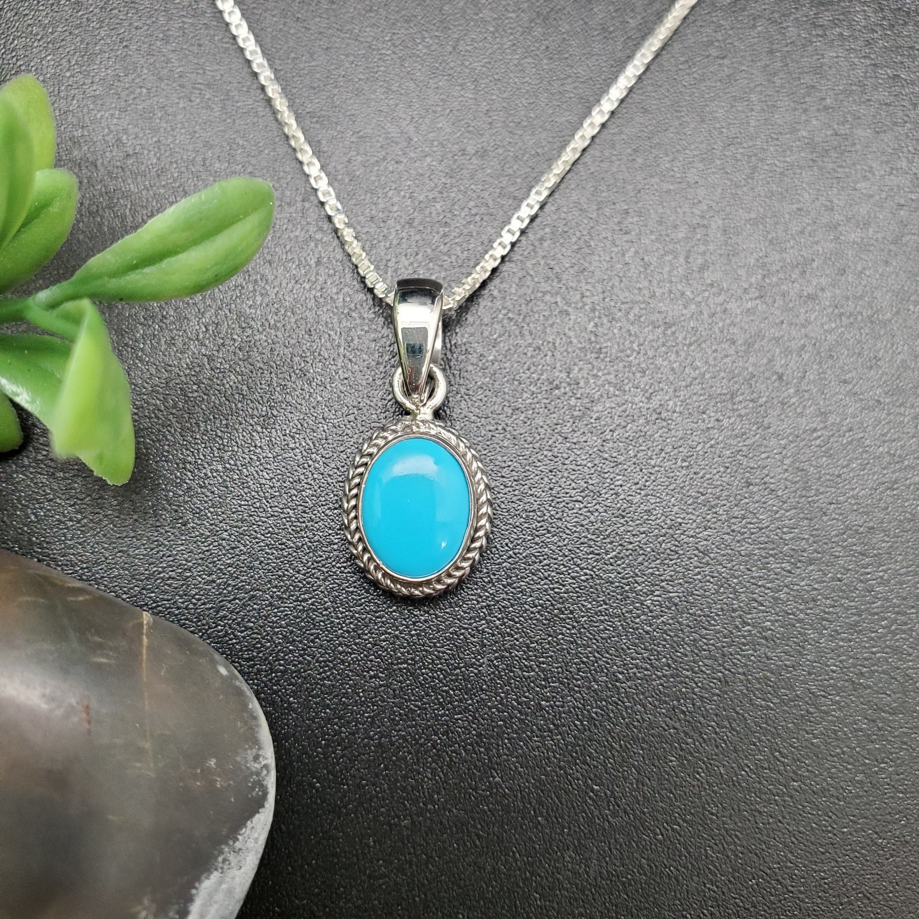 STN #50 | 7x9mm Oval Blue Turquoise Necklace Pendant With Silver Chain ...