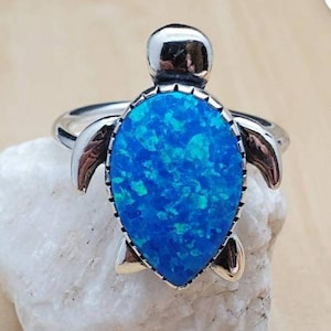 SoCute925 Dainty Sea Turtle Ring With Dark Blue Opal Pre-Sized 8 US | Dark Blue Sea Turtle Ring | Sea Turtle Blue Opal Ring Made in USA