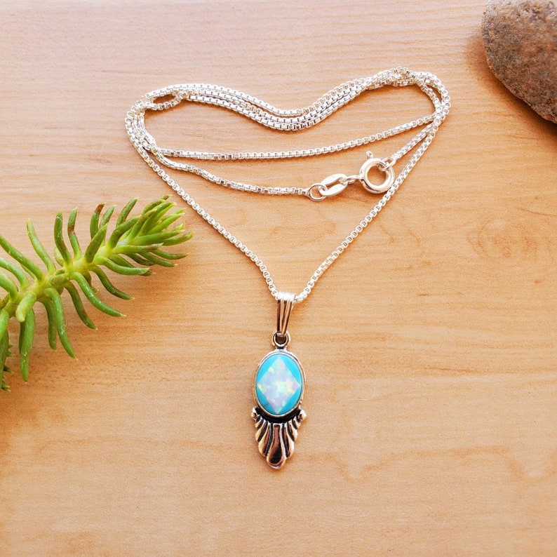 SoCute925 Dainty White Opal Turquoise Necklace Pendant With Silver Box Chain Necklace 18 Sterling Silver Necklace Dainty Necklace