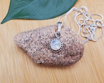 SoCute925 Small Rainbow Moonstone Necklace Pendant With Silver Box Chain Necklace 16" | Small Sterling Silver Moonstone Necklace Made in USA