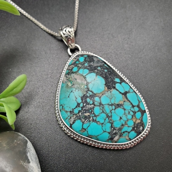 sterling silver turquoise pendant 大ぶり IGM#37 Unique Kingman Turquoise Pendant With Sterling Silver Chain