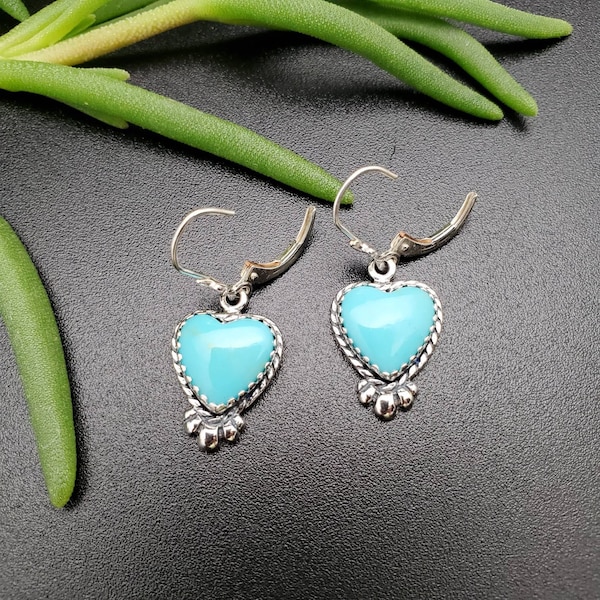 SoCute925 Kingman Turquoise Heart Sterling Silver Hook Earrings | Sterling Turquoise Drop Earrings | Earrings with Lever Backs | Made in USA