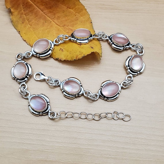 Bracciale Argento Sterling 925 Madreperla Rosa, Granato Gemma 7