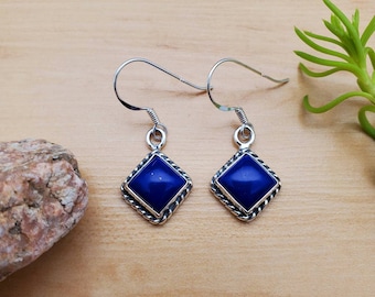 SoCute925 8mm Square Blue Lapis Dangle Earrings | Lapis Earrings | Sterling Silver Dangle Earrings | Lapis Lazuli Jewelry | Blue Earrings