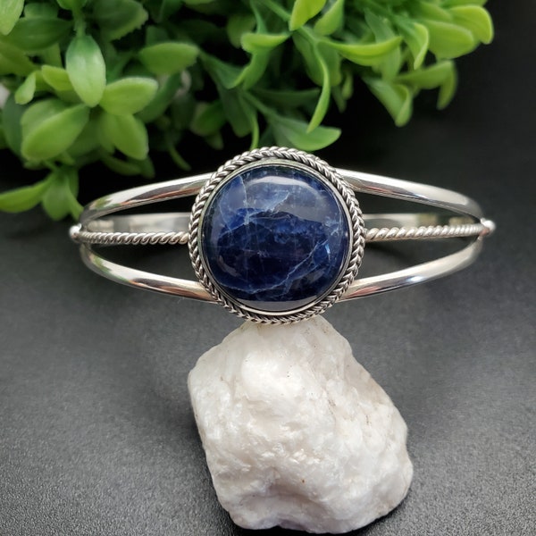 STN #C128 | Dainty Blue Sodalite Cuff Bracelet | Sterling Silver Sodalite Gemstone Bracelet Cuff | 18mm Dainty Blue Southwest Bracelet Cuff