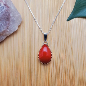 SoCute925 Simple Teardrop Red Coral Necklace Pendant With Silver Box Chain Necklace 16 Inches | Sterling Silver Red Coral Southwest Earrings