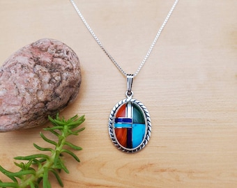 Collar con colgante multicolor de piedra incrustada estilo suroeste con cadena de plata / Colgante multicolor de plata de ley / Joyería estilo suroeste